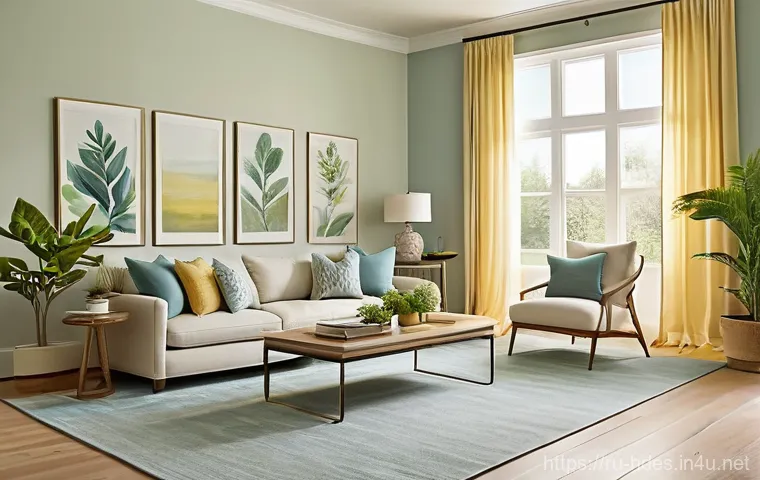 홈디자인 이론 필수 과목 - A Serene Living Room with Harmonious Colors**
A bright and inviting living room, bathed in soft, nat...