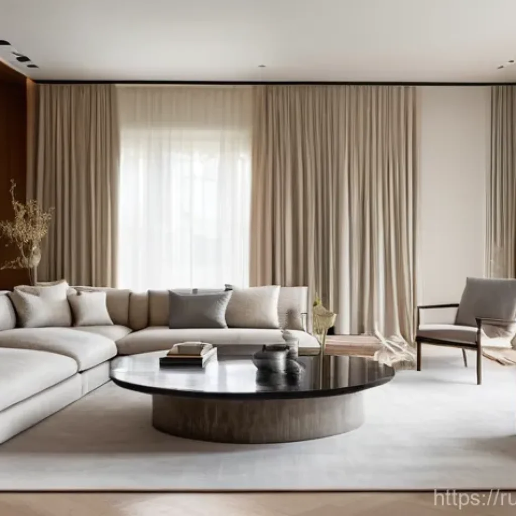 홈디자인 전문가로서의 자기계발 - A luxurious and serene living room designed in a "quiet luxury" aesthetic. The space features a soph...