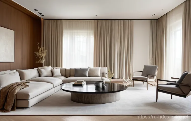 홈디자인 전문가로서의 자기계발 - A luxurious and serene living room designed in a "quiet luxury" aesthetic. The space features a soph...