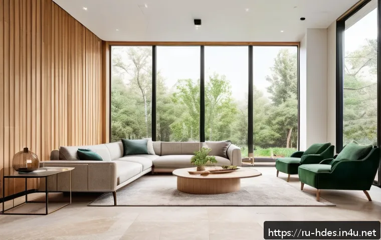홈디자인 고급 자재 트렌드 - A luxurious modern living room interior showcasing eco-friendly natural materials: polished natural ...