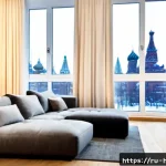 홈디자인 분야의 최신 기술 - Photorealistic contemporary Moscow apartment living room showcasing the latest smart home design tec...