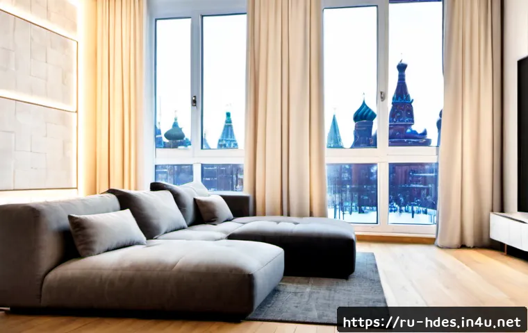 홈디자인 분야의 최신 기술 - Photorealistic contemporary Moscow apartment living room showcasing the latest smart home design tec...